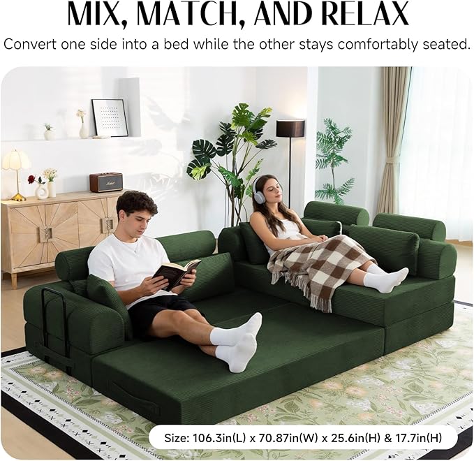 106" L-Shaped Modular Boneless Couch, 2-Piece System (2×70.87"), Convertible Sectional to 141.7" Straight Sofa, Corduroy Couch in a Box, Headrest & Back Pillows for Living Room, Forest Green