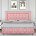 Full Bed Frame, Faux Leather Platform Bed with Upholstered Diamond Headboard, Mattress Foundation with Strong Wooden Slats Support, No Box Spring Required, Easy Assembly, Pink