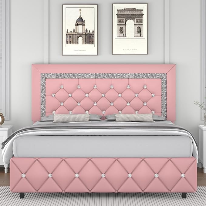 Queen Bed Frame, Faux Leather Platform Bed with Upholstered Diamond Headboard, Mattress Foundation with Strong Wooden Slats Support, No Box Spring Required, Easy Assembly, Pink