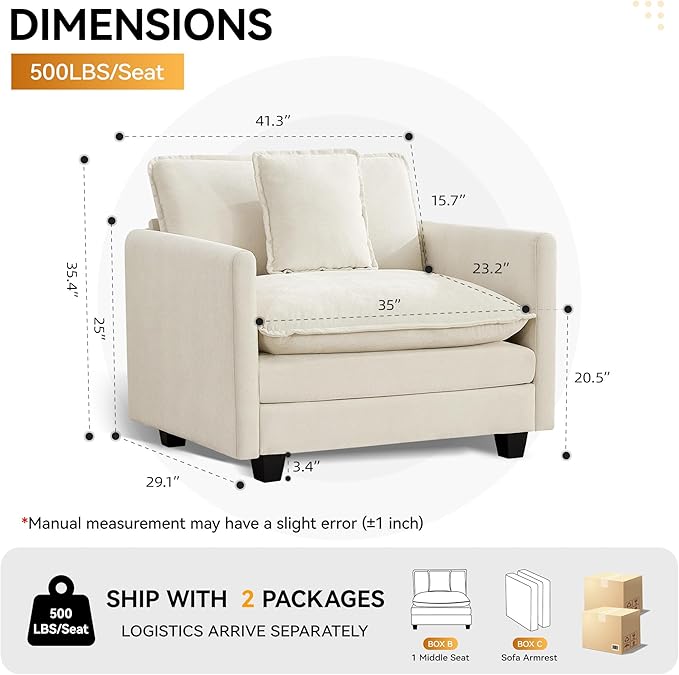 41'' Modern Chenille Oversized Chair, Upholstered Accent Living Room Chair with Extra Thicked Deep Seat, Single Lounge Chair for Bedroom, Small Apartment, Beige