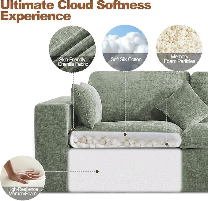 155''Cloud Boneless Sectional Couch, Modular Sectional Sofa Deep Seat, Oversized Upholstered Convertible Comfy 8 Seater Chenille Memory Foam Sofa U Shape Couches for Living Room, Green