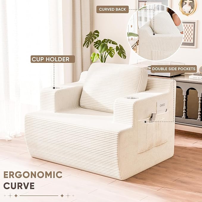 Homall 42” Single Sofa Foam Couch for Small Spaces Upholstered Floor Sofa with Cup Holder & Storage Pocket Boneless Couch for Bedroom Living Room (White, Single)