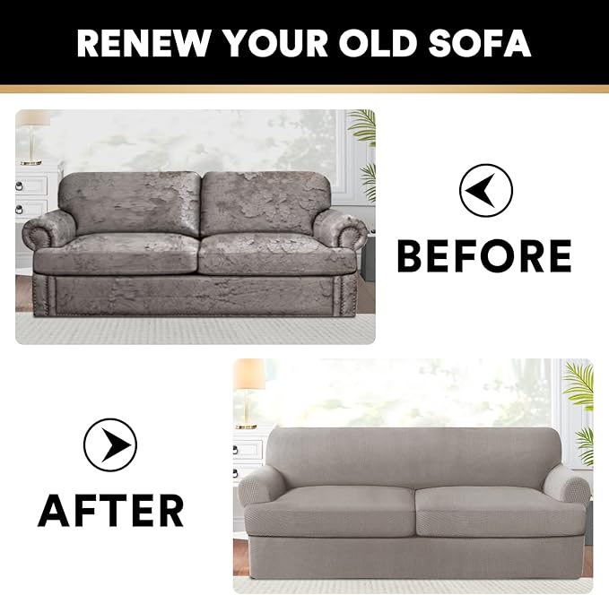 PrinceDeco T Cushion Sofa Slipcover 3 Pieces Sofa Covers for T Cushion Couch Soft Couch Covers Sofa Slip Cover Furniture Covers with 2 Individual T Shape Seat Covers Width Up to 88", Taupe