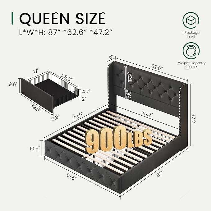 LARMACE Upholstered Queen Size Bed Frame with 4 Storage Drawers and 47.2" Tall Wingback Headboard Tufted Platform Bed Frame Linen Beds with Wooden Slats Support, Easy Assembly, Dark Grey