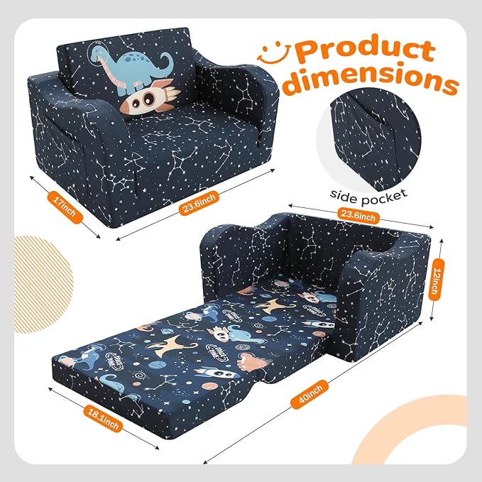 MeMoreCool Toddler Couch, 2-in-1 Kids Couch Fold Out to Lounger, Comfy Toddler Chair for 1-3 Year Old, Soft Foam Kids Sofa with Washable Cover and Side Pocket, Midnight Galaxy