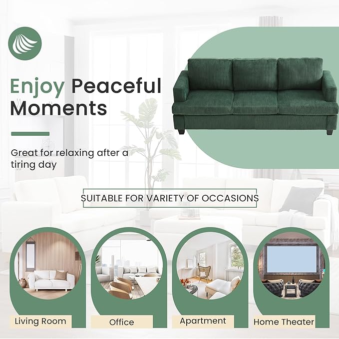 YOUDENOVA Sofa, 89" 3-Seater Deep Seat Sofa, Modern Comfy Couches for Living Room Apartment Lounge, Green Corduroy