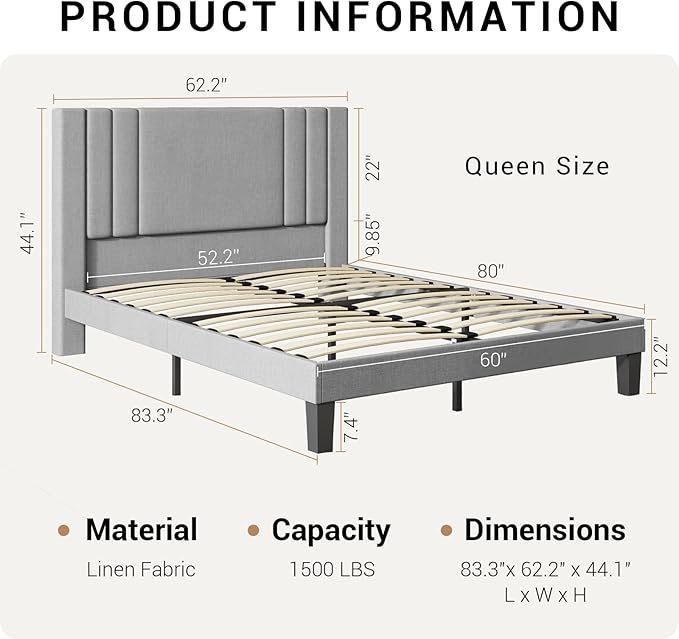 Tyndall Queen Size Bed Frame, Linen Fabric Upholstered Platform with Headboard