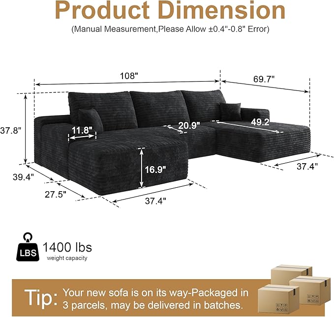 108" Sectional Couches for Living Room Cloud Couch Sofa with L-Shape Upholstered Boneless Couchs Modern Modular Sectional Couch with Chaise (Black, 108" Right Facing Chaise+2Seaters+1Ottoman)