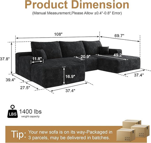 108" Sectional Couches for Living Room Cloud Couch Sofa with L-Shape Upholstered Boneless Couchs Modern Modular Sectional Couch with Chaise (Black, 108" Right Facing Chaise+2Seaters+1Ottoman)