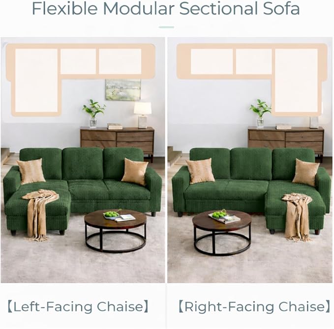 JAMFLY Pull Out Sleeper Sectional Sofa, L Shaped Corduroy Couch with Hidden Storage, Convertible Sofa Bed for Small Living Rooms and Apartments, Green