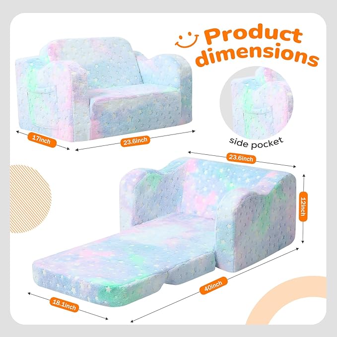 MeMoreCool Glowing Pastel Rainbow Kids Chair, 2-in-1 Foldable Kids Couch and Kids Sofa for Playroom Nursery, Soft Foam Fold Out Kids Couch with Glow-in-the-Dark Stars, Washable Cover | Reading, Lounging