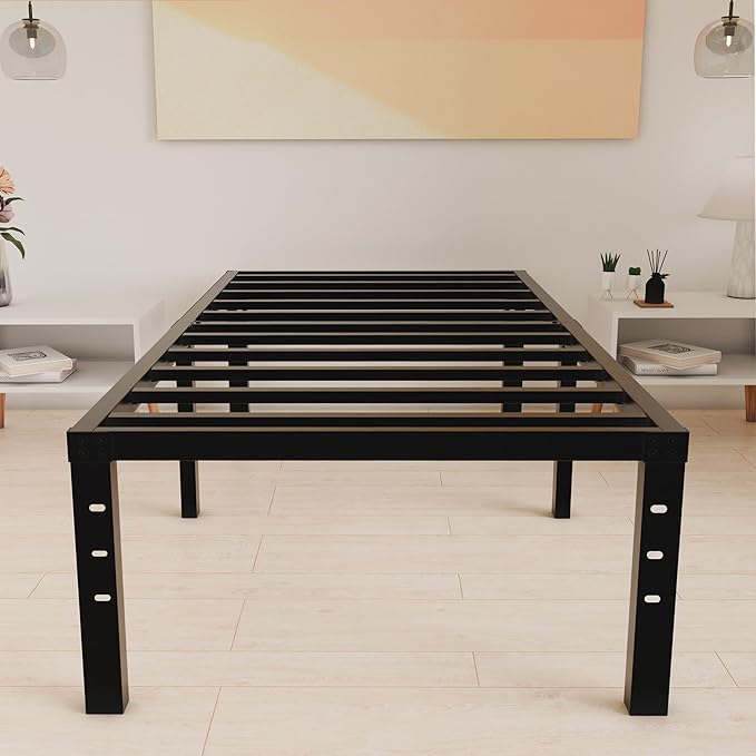 HOBINCHE 16 Inch Twin Size Bed Frame - No Box Spring Needed Heavy Duty Black Metal Platform Mattress Foundation, Non-Slip Noise Free Easy Assembly Steel Slats Bedframes with Cleance Storage
