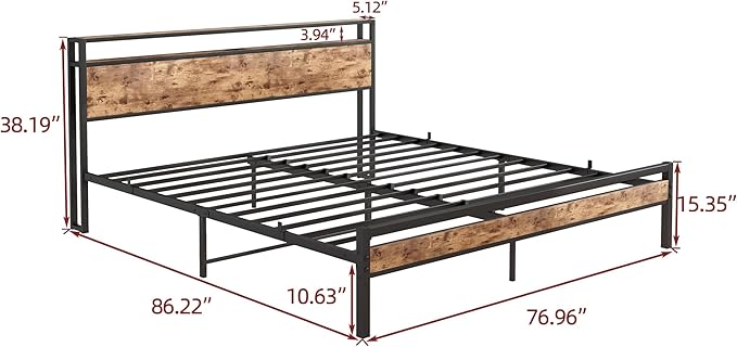 BOFENG Metal Platform King Size Bed Frame with Storage Headboard and USB Charging Station,King Bed Frame No Box Spring Needed,Sturdy and Noise-Free,Easy Assembly,Brown