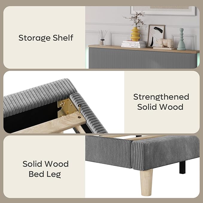 Bestier Queen Bed Frame with Adjustable Headboard & LED Lighting, Corduroy Upholstered Platform Bed Frame with Storage Shelf, Solid Wood Slats, No Box Spring Needed, Never Squeak, Easy Assembly, Grey