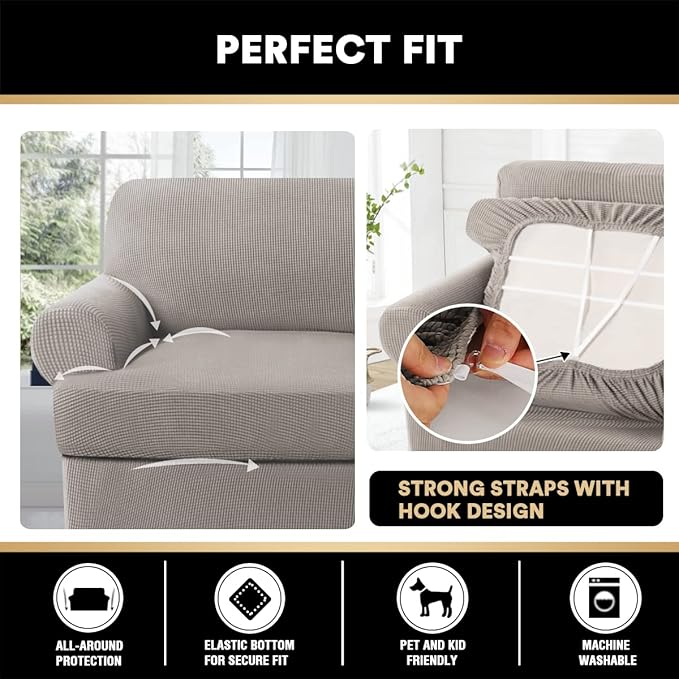 PrinceDeco 2 Pieces Armchair Slipcover Stretch Couch Covers for T Cushion Chair Slipcovers Soft Arm Chiar Cover Furniture Covers with 1 Individual T Shape Seat Covers Width Up to 40", Taupe