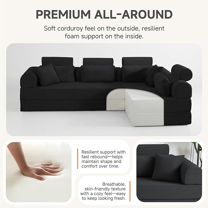 106” L Shaped Boneless Sectional Couch, Two 70.87” Pieces Convert to 141.7” Extra Long Straight Sofa, Corduroy Couch in a Box with Headrest and Back Pillows for Apartment Living Room,Black