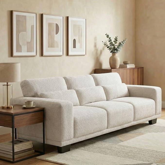 Marsail 89" Couch, 3-Seater Modern Sofa with Deep Seats, Comfy Upholstered Linen Sofas for Living Room, Apartment, Cream White