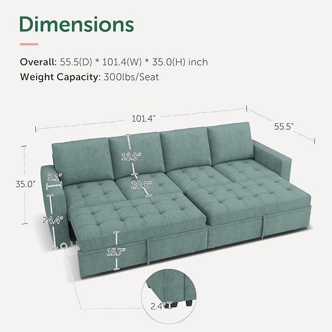 HONBAY Modular Sectional Sleeper Sofa with Pull Out Couch Bed, Convertible Sectional Couches for Living Room,Blue