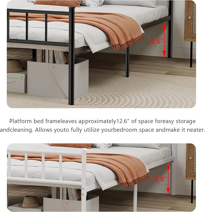 Metal Platform Full Bed Frame with Headboard Sturdy Steel Slats Support No Box Spring Needed Easy Assembly White
