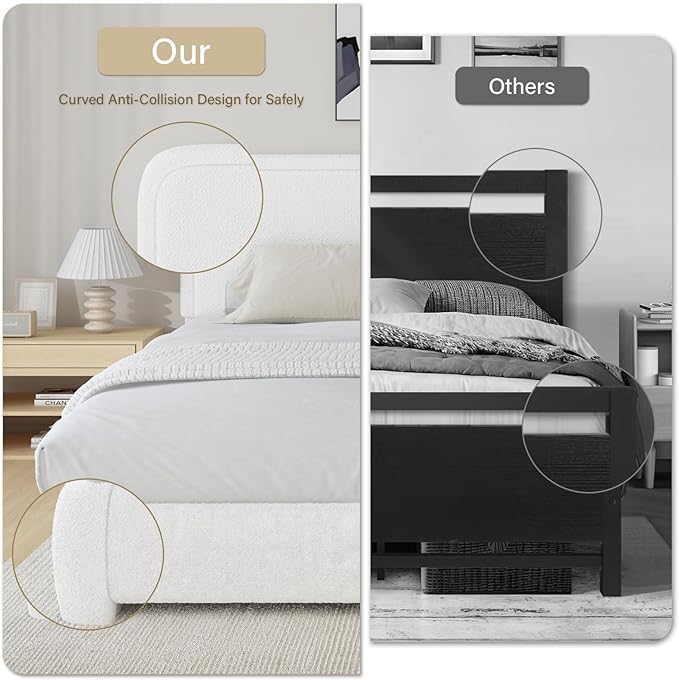 BarnFurin Boucle Upholstered California King Bed Frame/Soft Rounded Corners Headboard/Low Profile Bed Frame/No Box Spring Needed/Non-Slip and Noise-Free/White