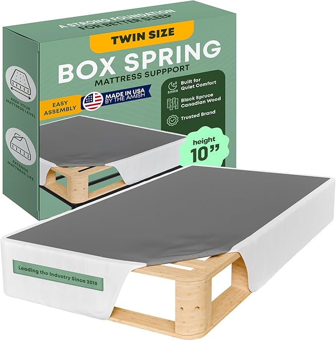 Greaton, 10” Twin Box Spring Only for Twin Size Bed – Amish-Made in The USA – Solid Wood Mattress Foundation with Stable & Quiet Support – Flat-Packed & Easy Assembly – White