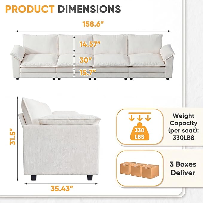 158.6'' Sectional Cloud Couch with 4 Seats & Wide Armrests, Oversized Linear Sofa with Double Layer Cushions, Comfy Chenille Couches for Living Room and Apartment (White, Linear Sofa)