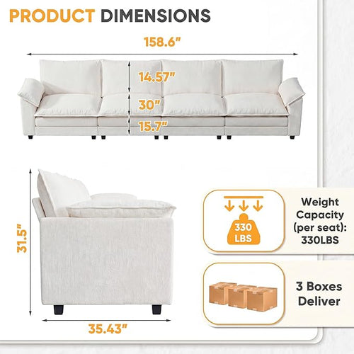158.6'' Sectional Cloud Couch with 4 Seats & Wide Armrests, Oversized Linear Sofa with Double Layer Cushions, Comfy Chenille Couches for Living Room and Apartment (White, Linear Sofa)