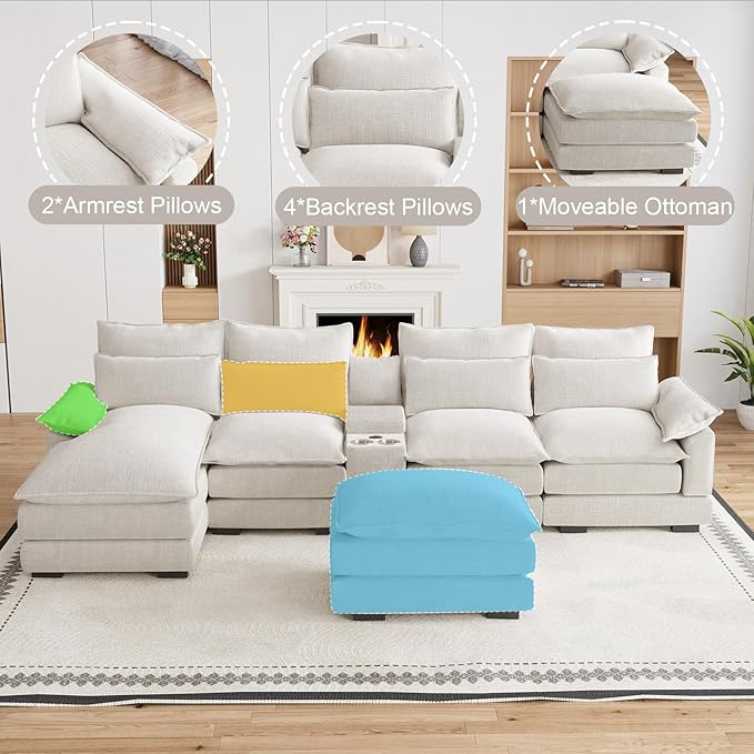 135" U Shaped Cloud Couch Sectional Modular Sectional Couches for Living Room Oversized Comfy Chenille Sofa Cloud Couch Set with Storage Central Console, USB Ports, Chaise Lounge, Ottoman, Cream White