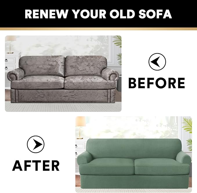 PrinceDeco T Cushion Sofa Slipcover 3 Pieces Sofa Covers for T Cushion Couch Soft Couch Cover Sofa Slip Covers (70"-88") Furniture Covers with 2 Individual T Shape Seat Cover, Loden Frost