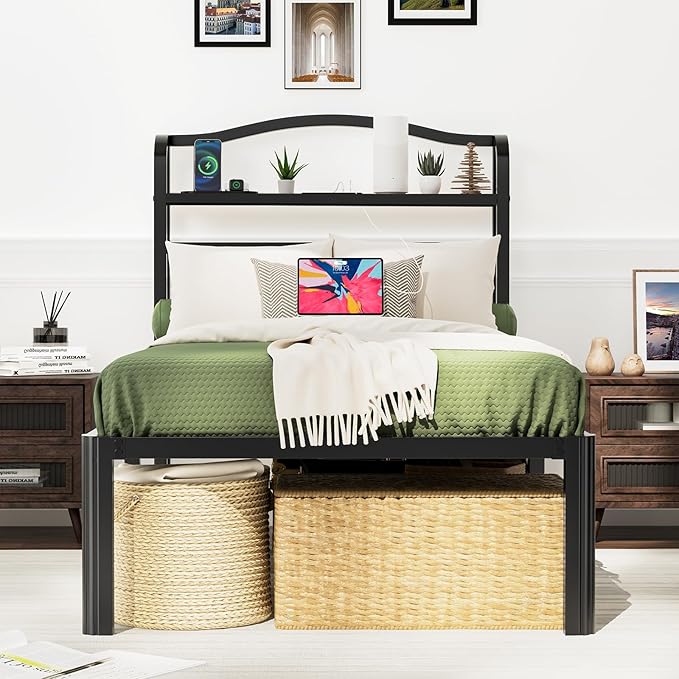 Black Twin Size Bed Frame Heavy Duty Metal Platform Bed Frames with Headboard,Charge Stations,No Box Spring Needed,Easy Assembly,Tools Free (14 Inch, Twin)