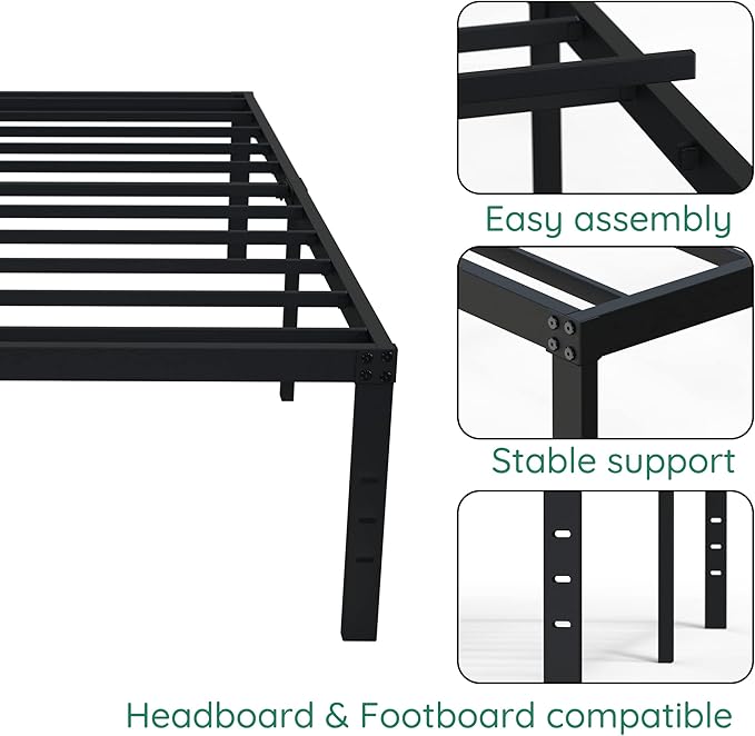 DiaOutro 18 Inch Twin XL Bed Frame Heavy Duty No Box Spring Needed Metal Platform with Maximum Storage, Easy to Assembly, Noise Free, Black