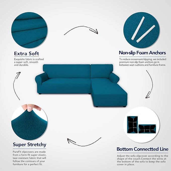 PureFit Super Stretch Sectional Couch Covers - 2 pcs Spandex Non Slip Sofa Covers with Elastic Bottom for L Shape Sectional Sofa Couch, Great for Kid & Pet (3 Seat Sofa + 3 Seat Chaise, Peacock Blue)