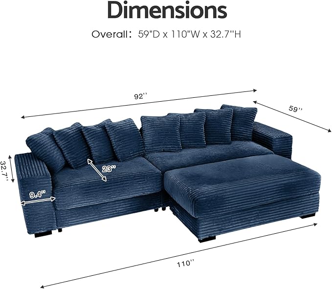 smilesun Luxe Oversized L Shaped Sofa with Chaise，Comfy Faux Fur Plush L Shaped Sectional Couches with 8 Pillows，Soft Fluffy Upholstered Sofa Bed for Living Room Apartment Bedroom (Navy Blue)
