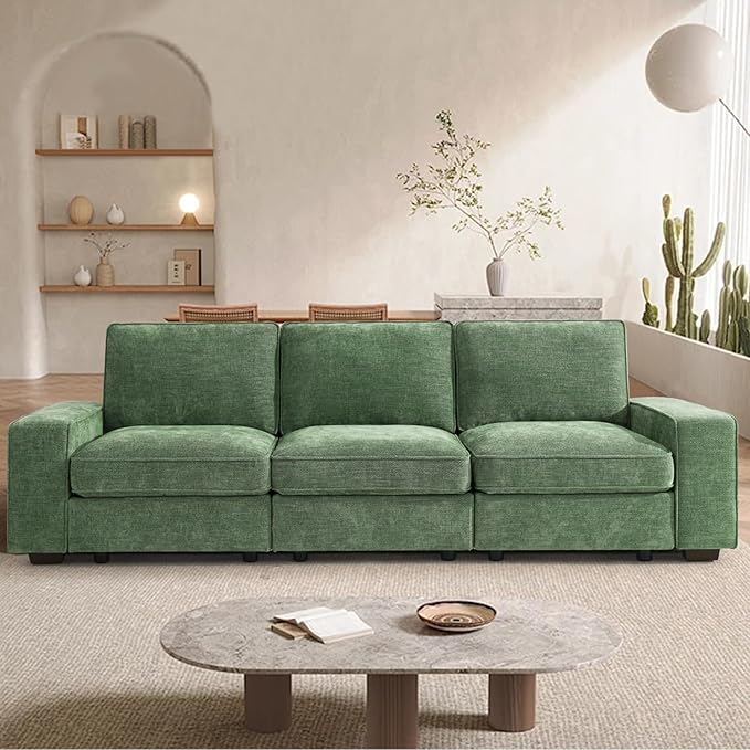 TEKAMON 100" Modular Sofa with Seats Storage, Comfy 3-Seater Chenille Fabric Couch for Living Room, Office, Apart W/Deep Seat, USB Charging, Upholstered Couch with Removable Cover(Green)