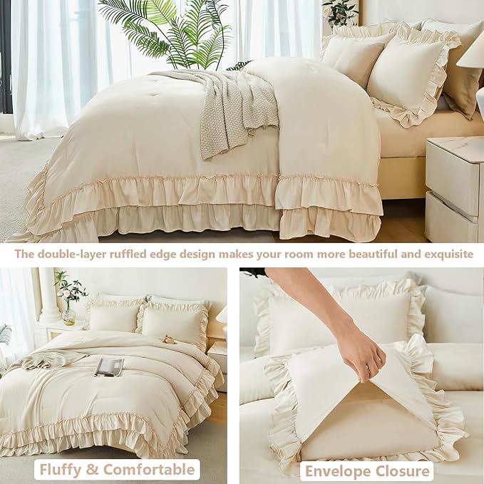 ANGIYUIN Beige Ruffle Comforter Set King Size 5 Pieces Solid Farmhouse Boho Bed in A Bag Soft Lightweight Fluffy Shabby Bedding Set with Sheet Sets for Women(Beige King)