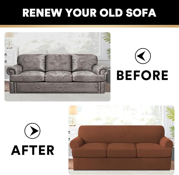 PrinceDeco T Cushion Sofa Slipcover 4 Pieces Sofa Covers for T Cushion Couch Soft Couch Cover (70"-88") Sofa Slip Cover Furniture Covers with 3 Individual T Shape Seat Covers Washable, Caramel
