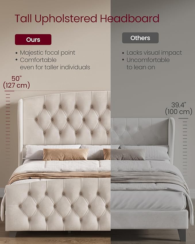VASAGLE Queen Bed Frame with Tall Headboard, Upholstered Platform Bed Frame Queen Size, with Wingback Tufted Headboard and Footboard, Wooden Slats, No Box Spring Needed, Cappuccino Beige URMB881W01