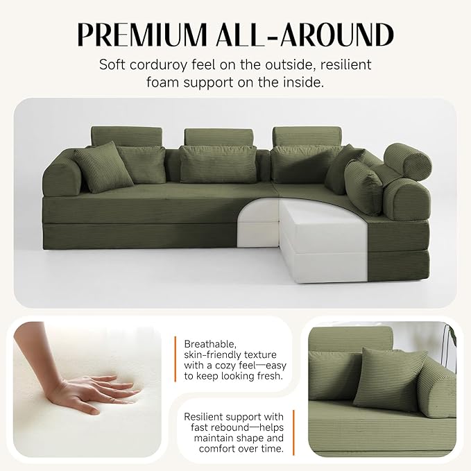 106" L-Shaped Modular Boneless Couch, 2-Piece System (2×70.87"), Convertible Sectional to 141.7" Straight Sofa, Corduroy Couch in a Box, Headrest & Back Pillows for Living Room, Olive Green