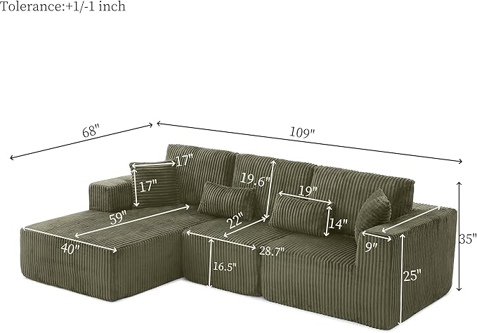 L Shaped Modular Boneless Sectional Couches for Living Room, Wide Armrest, Deep Seat, Memory Foam, Assembly Free, Modern Comfy Corduroy Fluffy Cloud Sofa with Left Chaise, Green