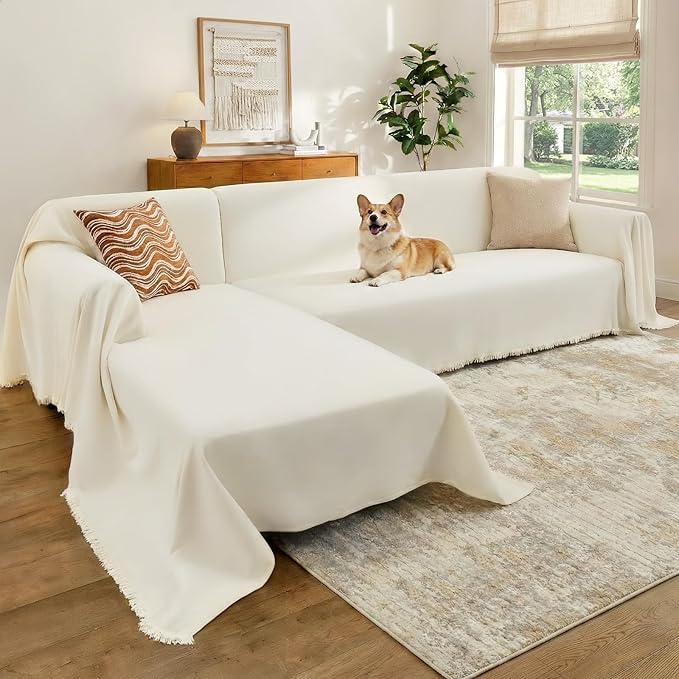 Sectional Couch Covers, 2 Pieces Chenille Sofa Cover L Shaped Couch Cover Blanket for Dogs Washable Sofa Slipcovers Pet Furniture Protector (XX-Large: 71" x 118" + 71" x 118", Beige)