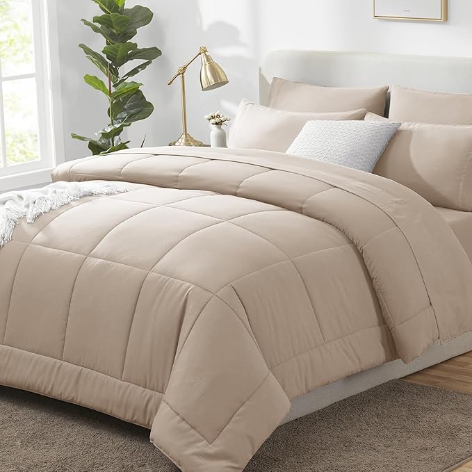 CozyLux Queen Comforter Set Wheat, 7 Pieces Bed in a Bag, Wheat Comforters Queen Size, All Season Bedding Sets with Stitch Quilted Comforter, Flat Sheet, Fitted Sheet, Pillowcases