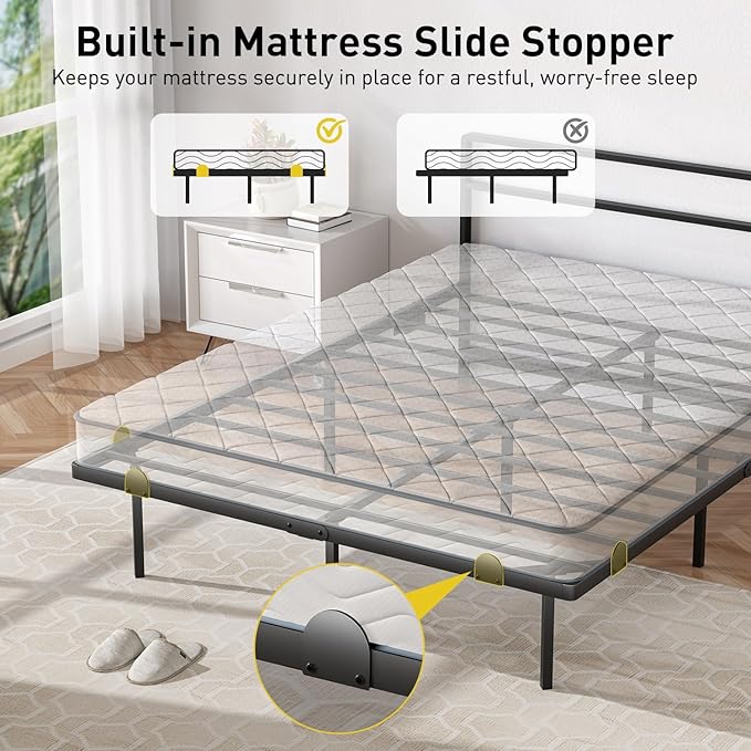 Queen Floating Bed Frame with Headboard, Modern Platform Bed Frame with LED Lights and USB Charging Station, Sturdy Metal Bed Frame for Adults, No Box Spring Needed, Easy Assembly, Noise Free Design