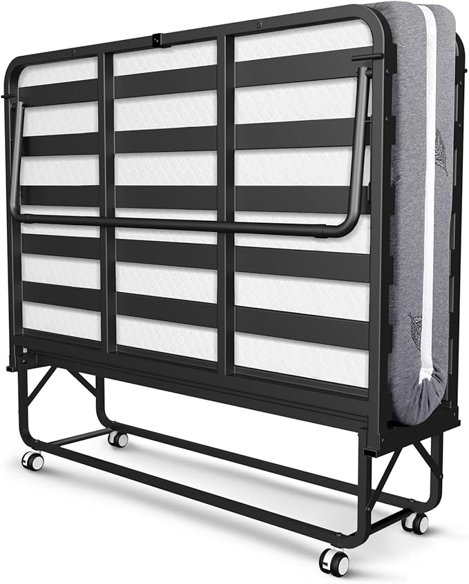 75" x 46" Folding Bed with Mattress for Adults, 5 Inch Memory Foam Mattress, Portable Foldable Rollaway Guest with Strong Metal & Wood Frame, Side Pocket