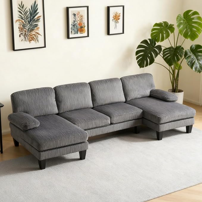 Karl home U-Shape Sectional Sofa Couch 111" Modern 4-Seat Sofa with Chaises Corduroy Fabric Upholstered Covertible Couch with Wood Grain Legs for Living Room, Reception Room, Apartment, Dark Gray