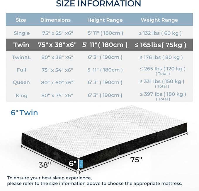 Odorless Foldable Mattress Twin Size 75" x 38" x 6", 6 Inch Medium Firm Folding Foam Mattress with Storage Bag, Fiberglass Free Trifold Memory Foam Mattress for RV, Guest Bed