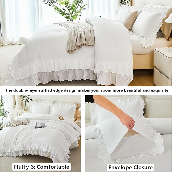 ANGIYUIN 5Pcs White Ruffle Comforter Set King Size Double-Layer Ruffled Bedding Sets Solid Lightweight Fluffy Bed in A Bag Soft Shabby Chic Bed Sets for All Season(White King)