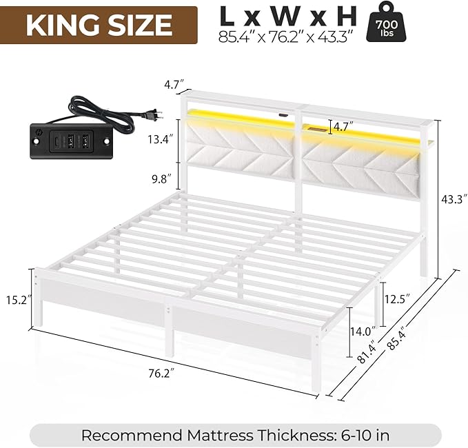 Seventable Bed Frame King Size with Charging Station, LED Bed with Upholstered Storage Headboard, Metal Platform Bed with Under Bed Storage, No Box Spring Needed, Noise Free, Easy Assembly, White