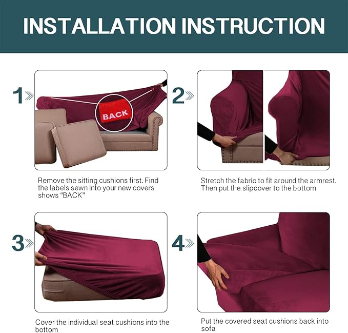 FantasDecor 3 Piece Sofa Covers Velvet for 2 Cushion Couch Stretch Loveseat Slipcover with Individual Seat Elastic Furniture Protector for Pets (Sofa, Burgundy)