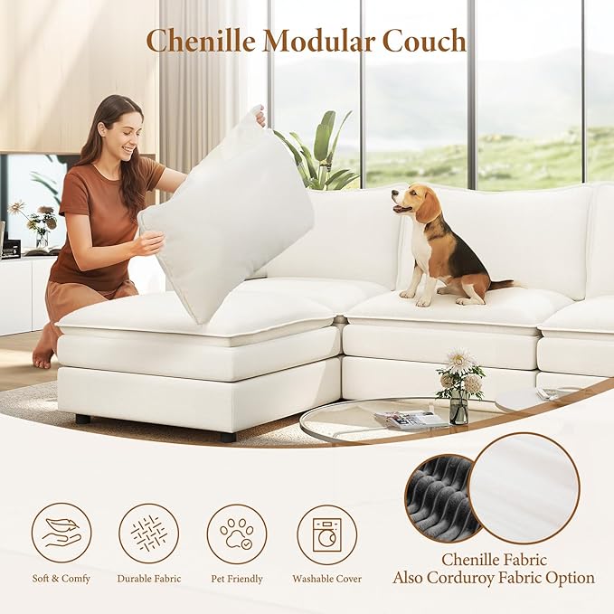 Vesgantti 108" Sectional Sleeper Sofa, 6-Seater Oversized Modular Cloud Couch with Movable Ottoman, Chenille Large Sofa Bed Convertible Deep Seat Couches for Living Room, Bedroom and Apartment, White