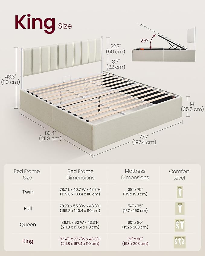 VASAGLE Lift Up Storage Bed Frame King Size, Hydraulic Platform Bed, with Upholstered Headboard, 1100 lb Weight Capacity, No Box Spring Needed, Easy Assembly, Modern, Cappuccino Beige URMB604W01V1